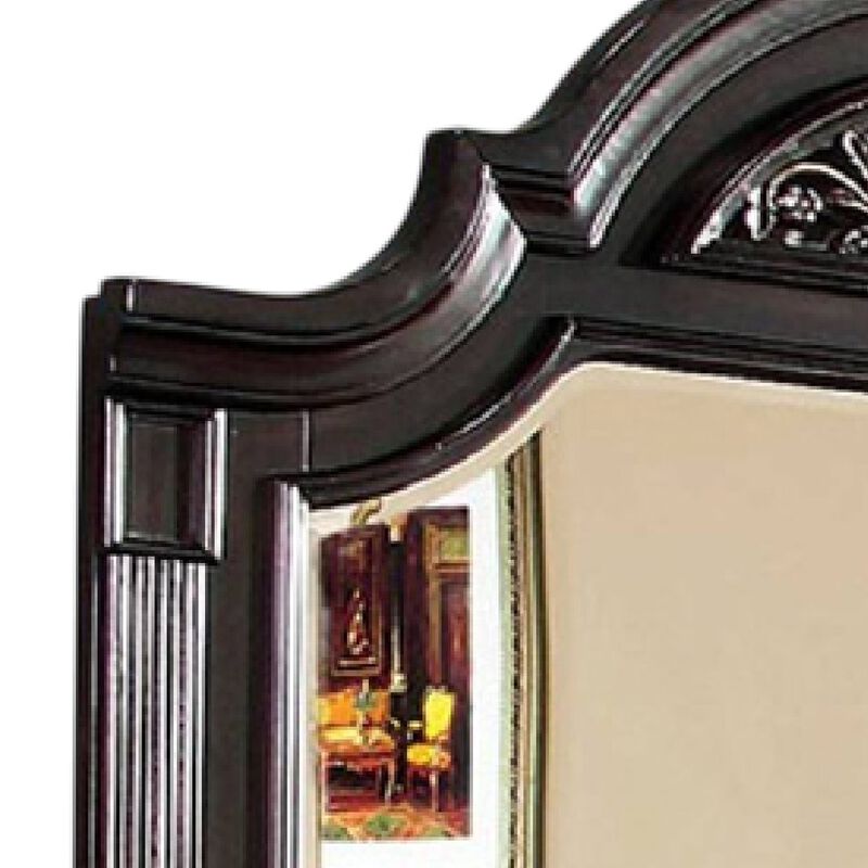 Recus Dresser Mirror, 49 Inch Carved Floral Walnut Brown Solid Wood