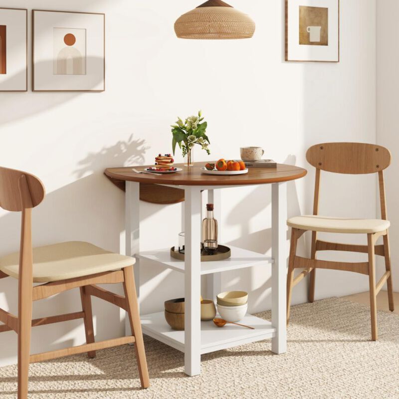 Hivvago Folding Round Dining Table Drop Leaf Table with 2 Shelves for Small Spaces