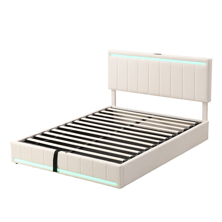 Queen Size Upholstered Platform Bed with Hydraulic Storage System, LED Light, and a set of USB Ports and Sockets, Linen Fabric, Beige