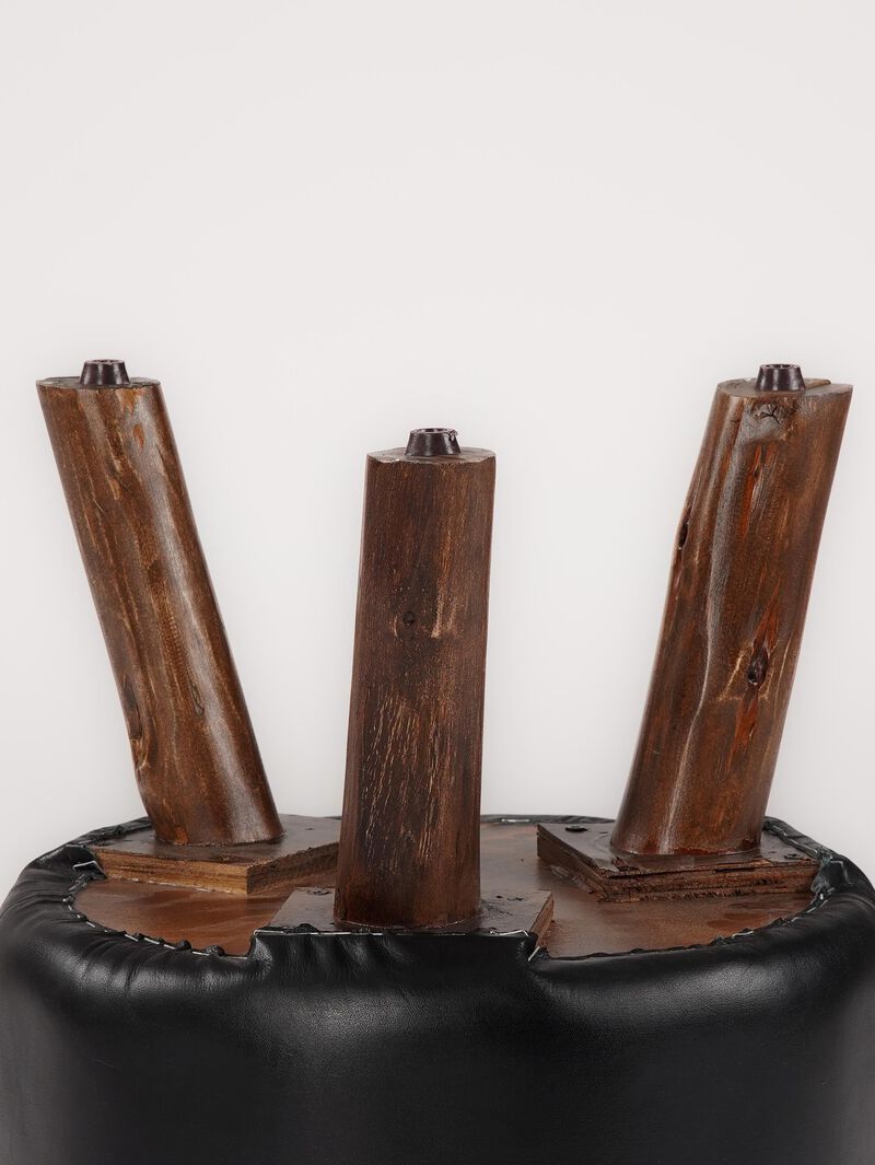 Handmade Eco-Friendly Geometric Buffalo Leather & Wood Black Round Ottomon Stool 18"X14"x14" From BBH Homes