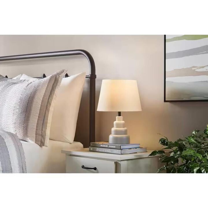 Hivvago Small Grey Desk Light Table Lamp with White Fabric Shade for Bedside Nightstand
