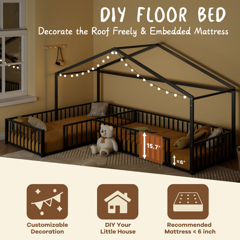 Merax Double Twin Size L-Shaped Montessori Bed, Metal Corner House Bed Frame with Fence image number 6