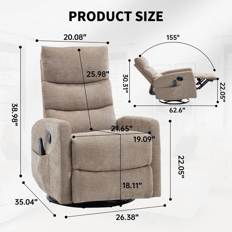 Chenille Manual Recliner Chair Swivel Rocker Recliner with Heat & Massage image number 2