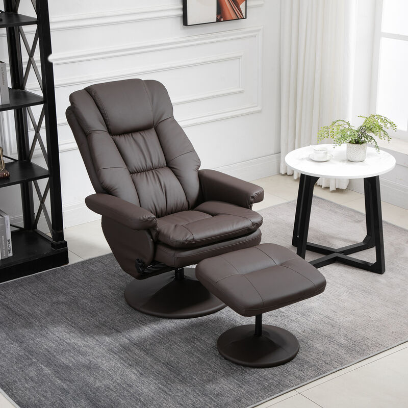 HOMCOM Recliner and Ottoman with Wrapped Base, Swivel PU Leather Reclining Chair with Footrest for Living Room, Bedroom and Home Office, Brown