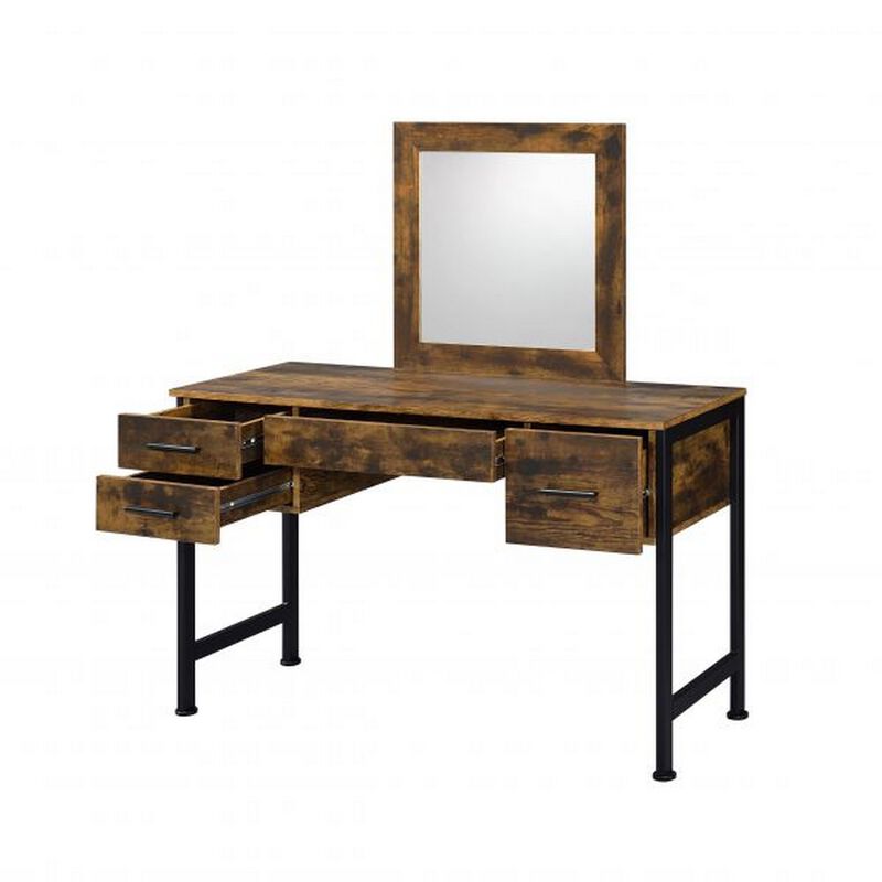 Vanity Desk with 4 Drawers and Square Mirror, Brown and Black image number 4