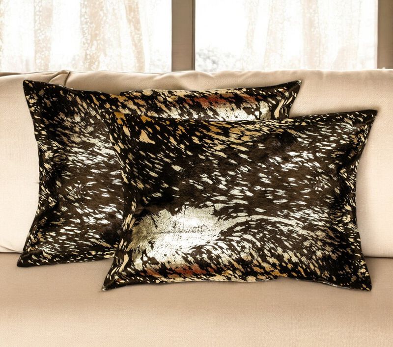 HomeRoots Set of Two 12" X 20" Chocolate and Gold Abstract Cowhide Lumbar Throw Pillows with Glitter image number 1