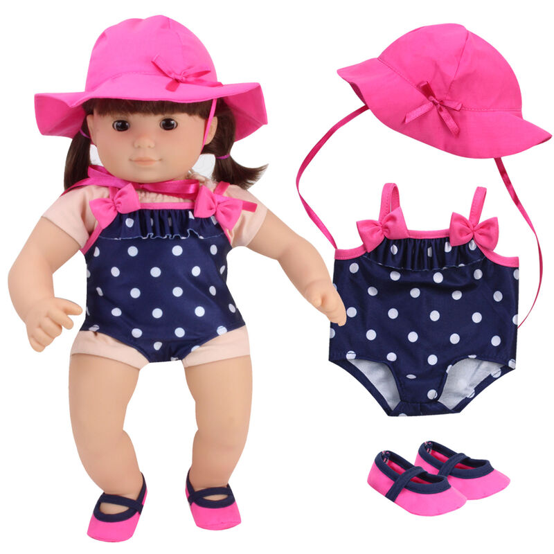 3-Piece Polka Dot Bathing Suit Set for 15'' Baby Dolls, Navy/Pink image number 0