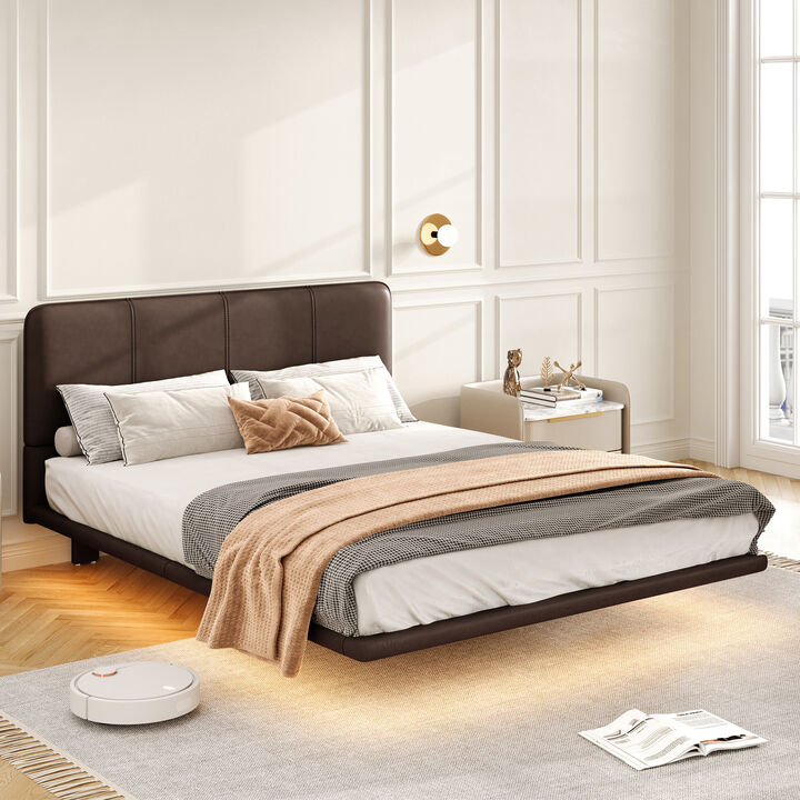 Merax Queen-Size Floating PU Leather Platform Bed with LED Lights