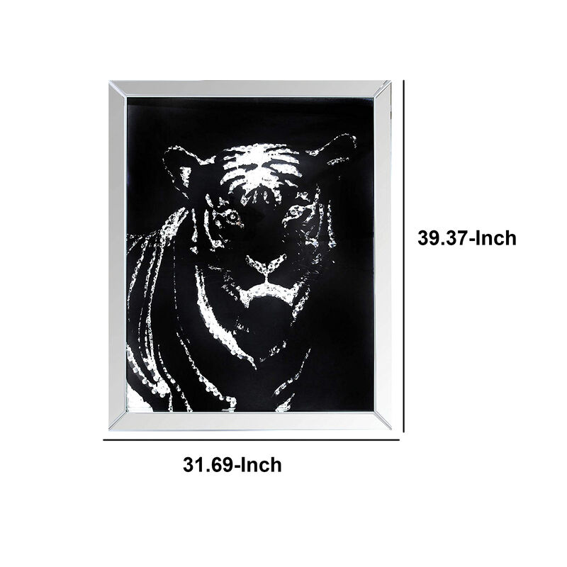 Rectangular Mirror framed Tiger Wall Decor With Crystal Inlays, Black & Silver image number 5