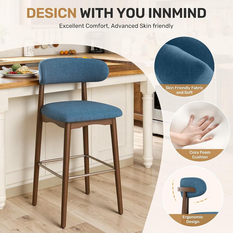 Modern Metal Counter Height Bar Stools | Steady Rubber Wood Legs & Ergonomic Backrest, Non-Swivel Kitchen Island Chairs for Dining Room, Home Bar, Outdoor image number 5