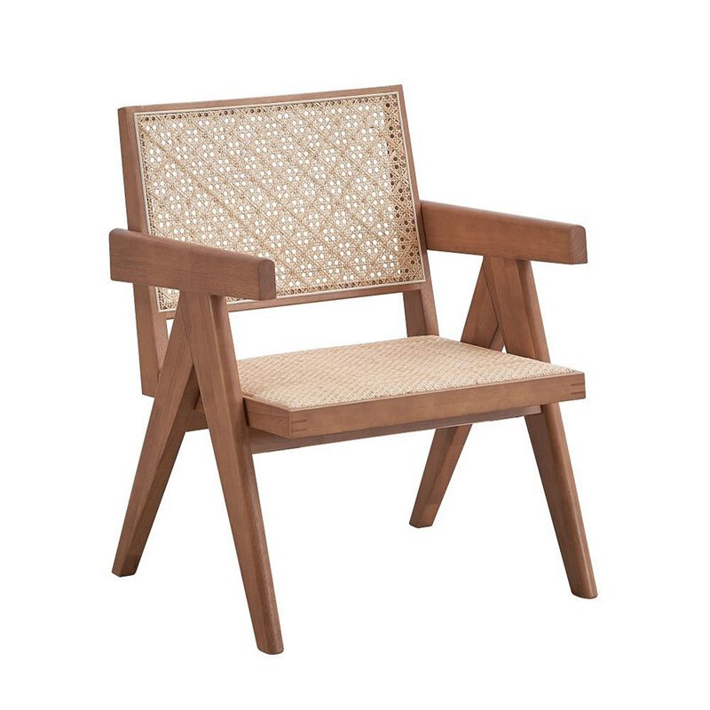 Tina 26 Inch Accent Armchair, Woven Rattan, Natural Brown Wood Finish