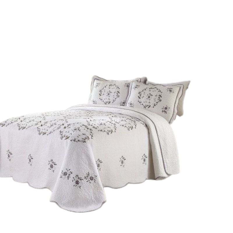 QuikFurn Queen size Cotton Bedspread with Scalloped Edges and Floral Print Embroidery in White