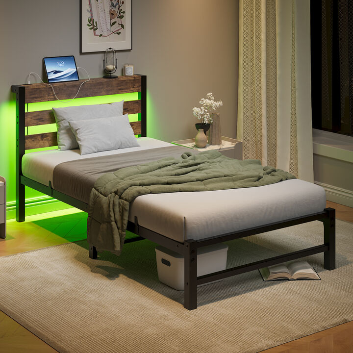 Twin Size LED Bed Frame, Heavy Duty Platform Bed Frame with Headboard, USB Charging Station