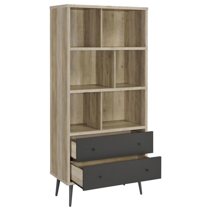 70 Inch Bookcase, 3 Shelves, Vertical Dividers, 2 Drawers, Brown, Gray - Benzara