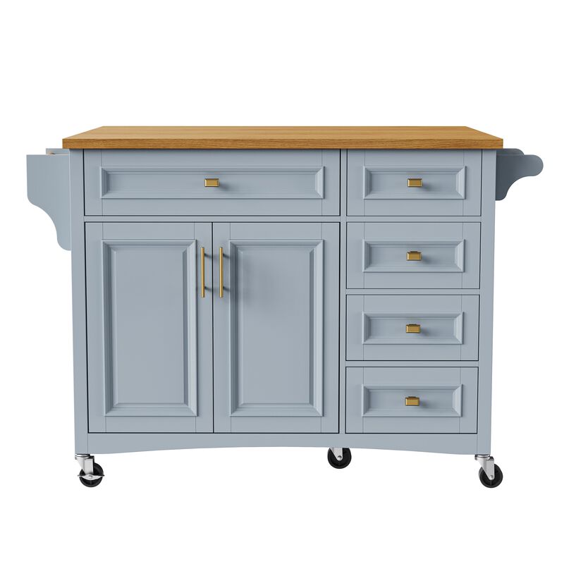 Whisen 52" Kitchen Island with Drop Leaf, 5 Drawers & 2 Doors, MDF & Oak Veneer, Retro Farmhouse Style for Kitchen image number 0