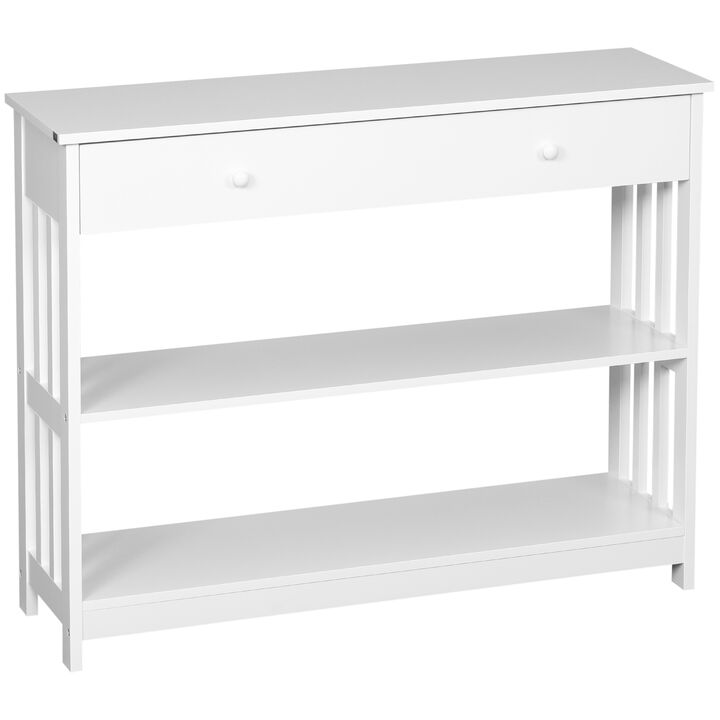 HOMCOM Console Hallway Table with Extra Wide Pull Out Drawer, 2 Open Shelves and Slatted Wood Frame Design, White
