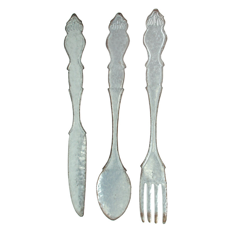 Giant Galvanized Metal Fork Spoon Knife Farmhouse Kitchen Decor Wall Hanging Set image number 0