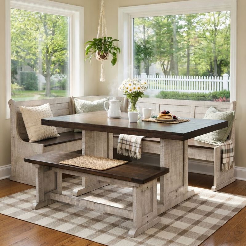 Camie 4pc Corner Breakfast Nook Set, Gray Brown Dining Table and Bench image number 2
