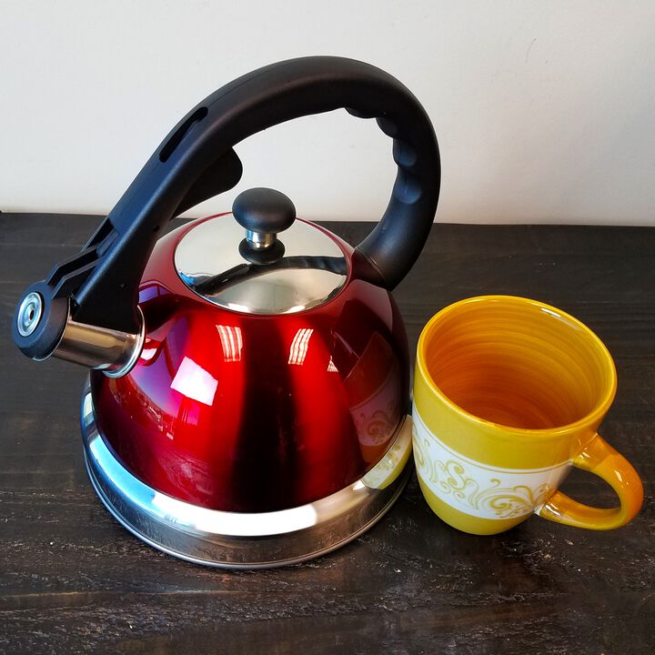 Mr Coffee Claredale 2.2 Quart Stainless Steel Whistling Tea Kettle in Red with Nylon Handle