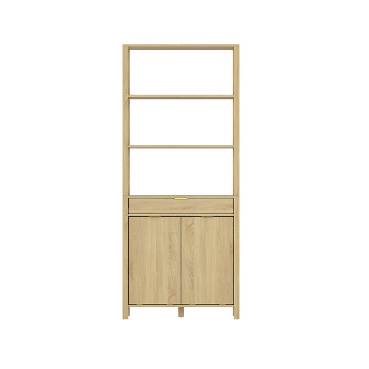 FUFU&GAGA Modern Bathroom Storage Cabinet with 3 Drawers and 3 Open Shelves, Built-in Laundry Baskets (30.1 in. W x 14 in. D x 70.8 in. H), Brown