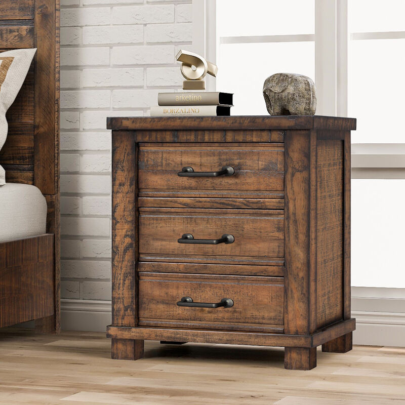 Rustic Nightstand with Drawers &ndash; Reclaimed Solid Wood Farmhouse Bedside Table with Three Storage Drawers