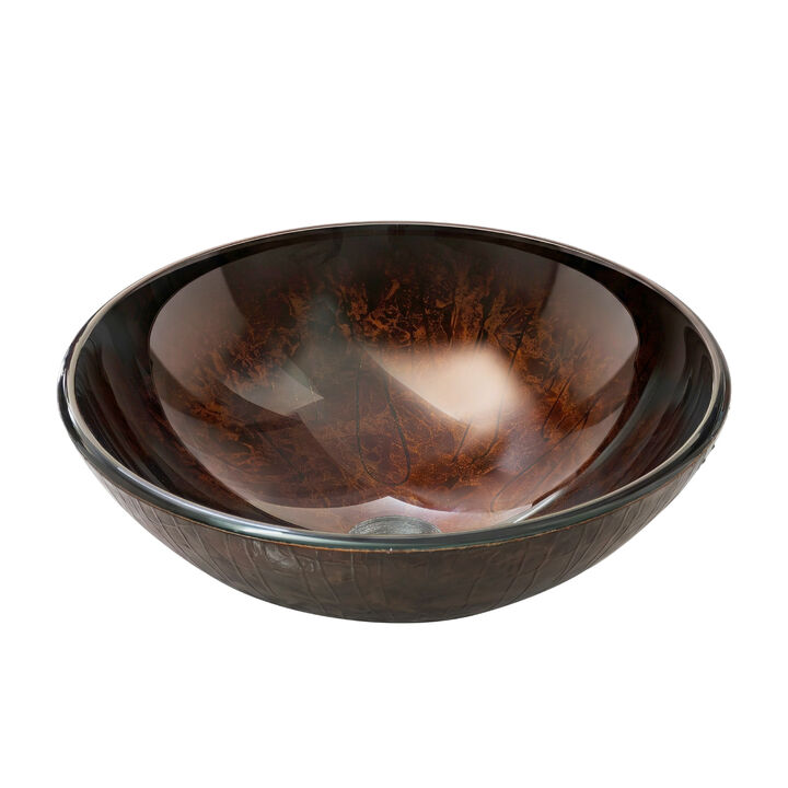 Round Ice‑Crackle Tempered Glass Vessel Sink, Art Textured Countertop Vanity Basin