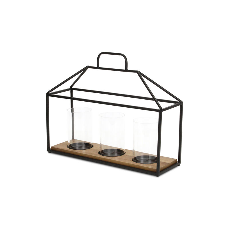 HomeRoots 15" Black Metal Glass And Wood Geometric Three Light Hurricane Candle Holder
