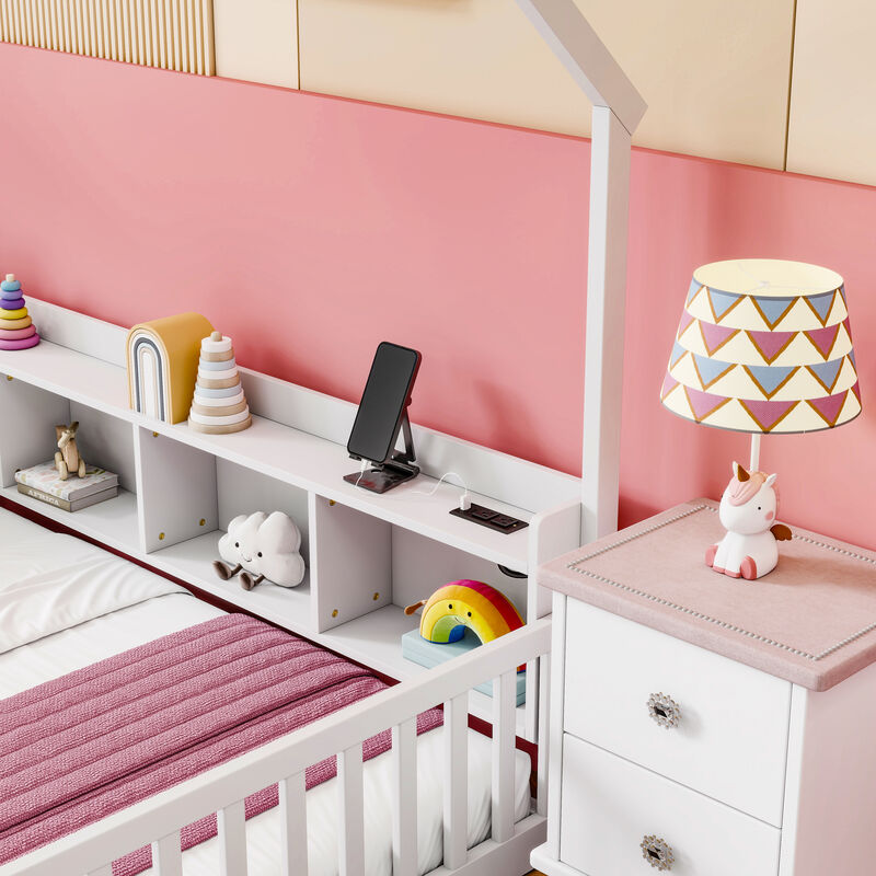 Whisen Twin Size House Floor Bed with Storage Shelves, LED Lights & Charging Station, Pine Wood Kids Platform Bed with Guardrails image number 4