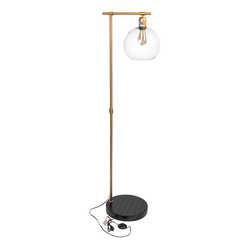 Metal Floor Lamp with Glass Globe Shade, Antique Brass and Wood image number 0