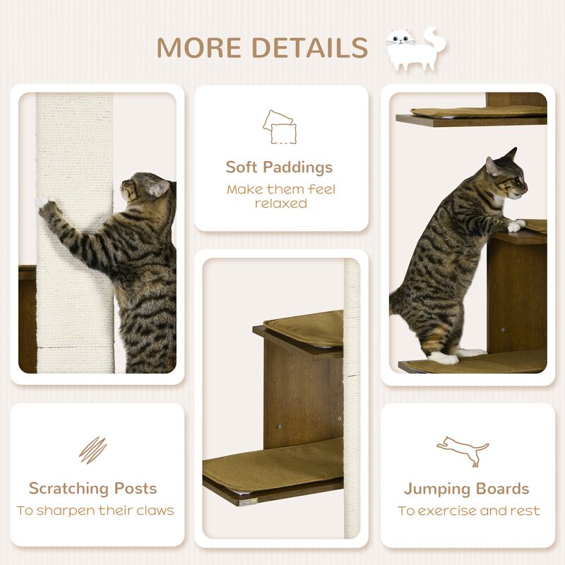 Wall-Mounted Cat Tree, 4-Layer Cat Wall Furniture with Scratching Board, Kitten Activity Center with Cushions, Natural