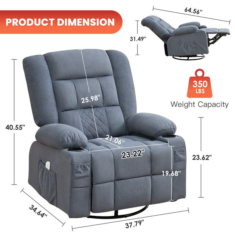 Fabric Swivel Manual Recliner with Massage and USB Port