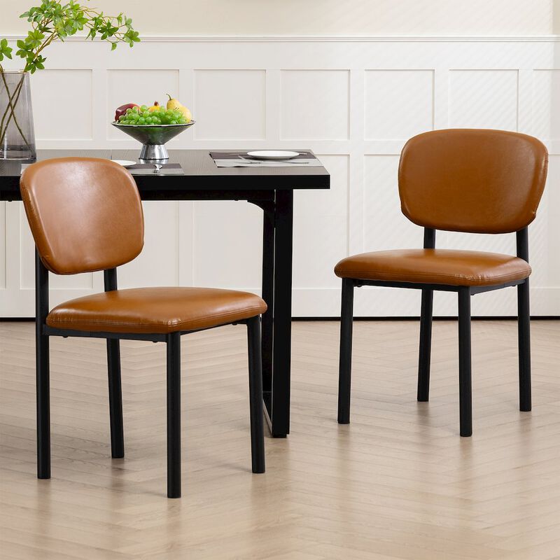 Glamour Home Set of 2 Light Brown Faux Leather Upholstered Dining Chair Black Iron Legs