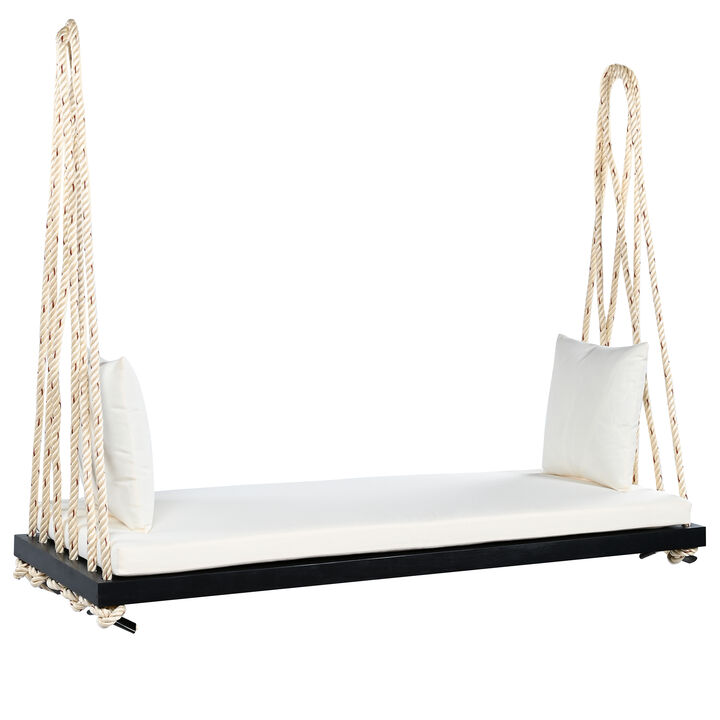 Whisen Hanging Porch Swing Bench with Cushion, Acacia Wood Swing Chair, 10.8Ft Hemp Ropes