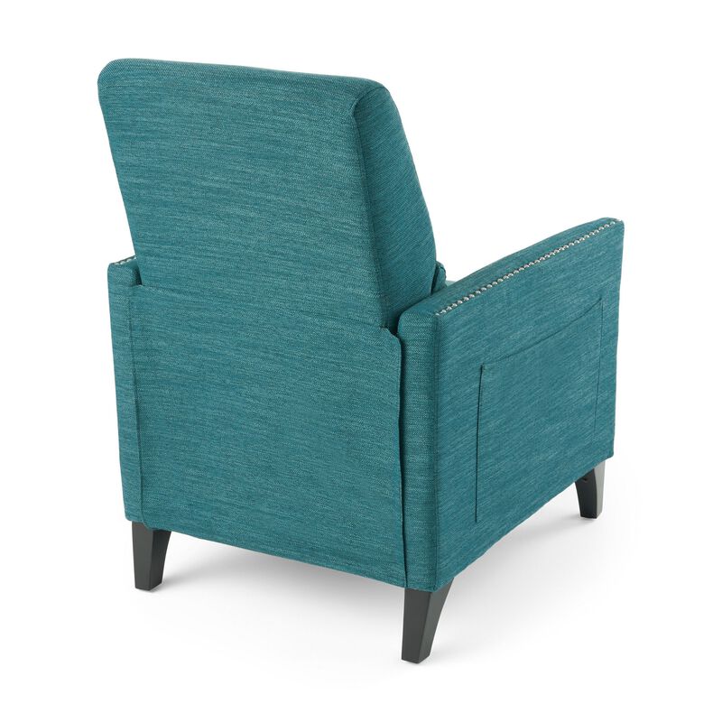 Davy Pushback Recliner Chair, Nailhead Trim, Birch Wood, Teal Fabric - Benzara
