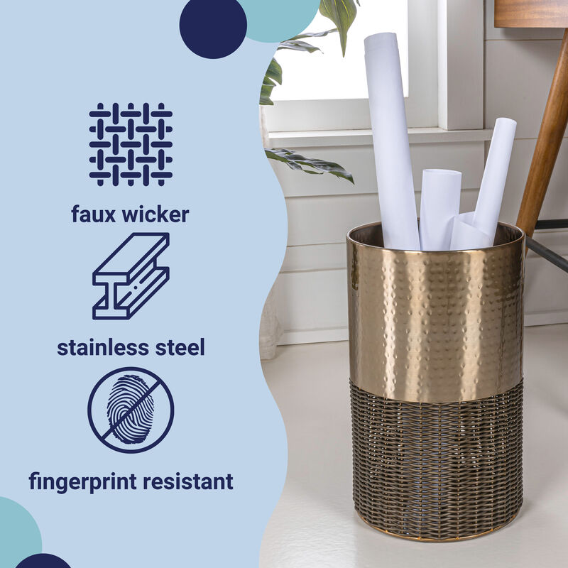Asher Modern 2-Tone Faux Wicker/Metal Cylinder Waste Basket image number 7