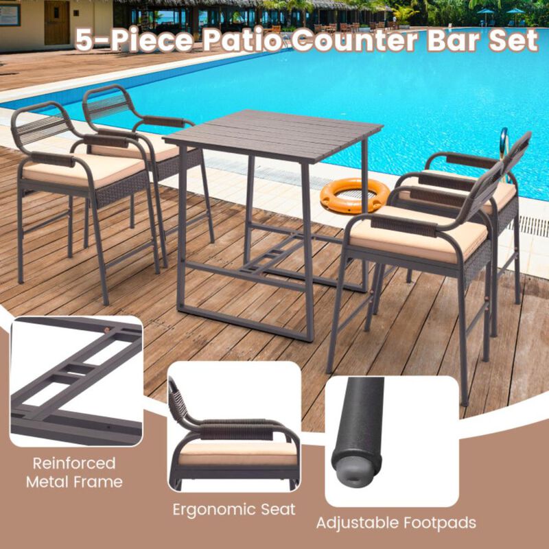Hivvago 5 Piece Rattan Counter Set with 4 Stools and Polywood Bar Table