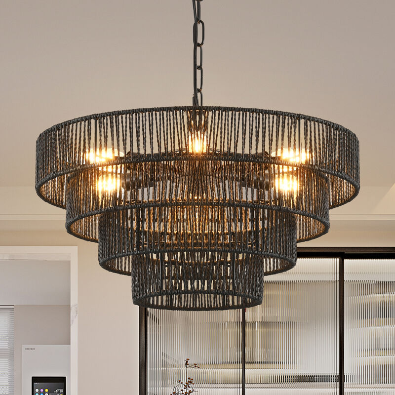 ELEMENT ACE Unique 4-Tier Hemp Rope Pendant Light Chandelier with Multi-Level Design for Ambient Dining Room or Kitchen Illumination image number 4