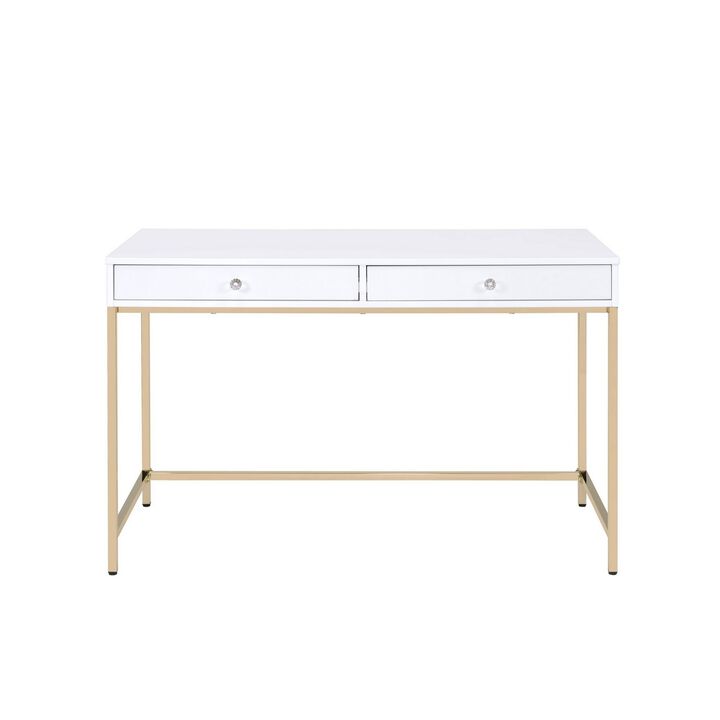 Two Drawers Wooden Desk with Tubular Metal Base, White and Gold-Benzara
