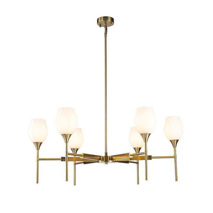 6-Light Classic Warm Brass Chandelier with Opal Glass Shades For Dining Room