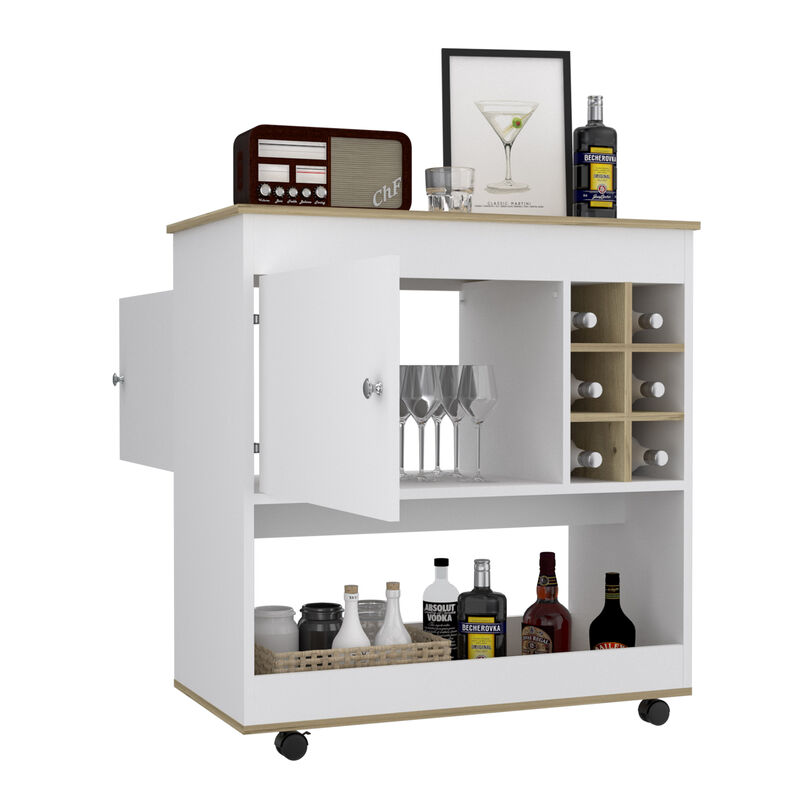 DEPOT E-SHOP Lotus Bar Cart, Six Bottle Cubbies, One Cabinet, Four Casters, Light Oak / White