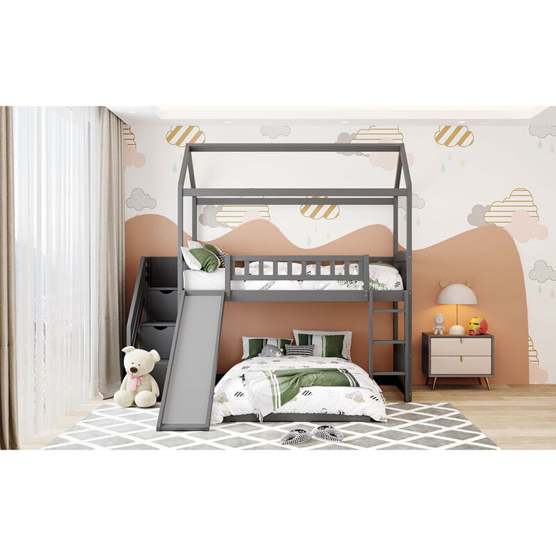 Twin Over Twin Bunk Bed with Two Drawers and Slide, House Bed with Slide, White