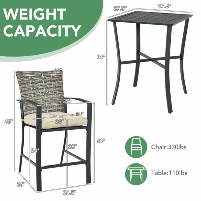 Hivvago 3 Pieces Rattan Bar Furniture Set with Slat Table and 2 Cushioned Stools