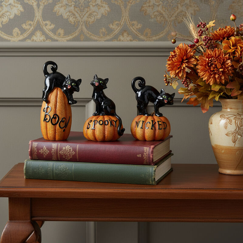 HomeRoots Set of Three Black And Orange Polyresin Halloween Black Cat Figurines image number 1
