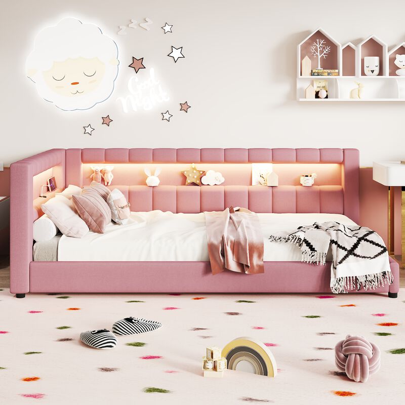 Merax Upholstered Platform Bed with LED Light Strip & USB Charging Port image number 3