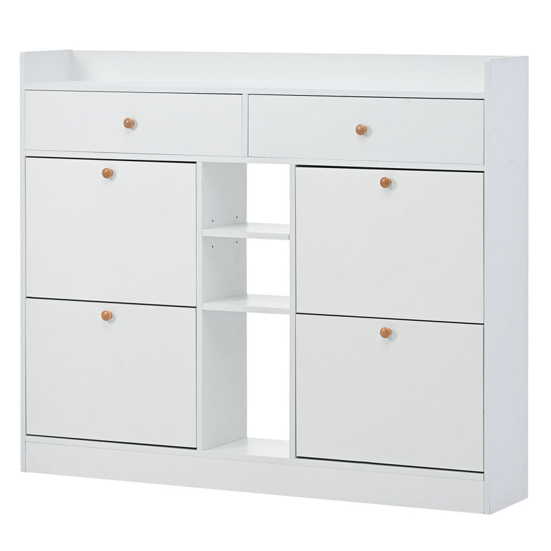 2-Tier Shoe Cabinet with 4 Flip Drawers, White