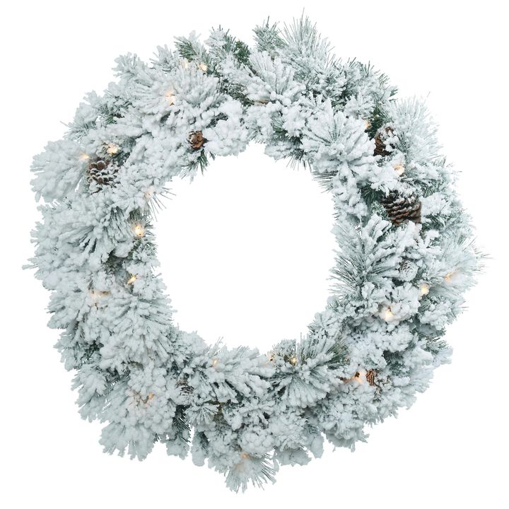 Vickerman 30" Flocked Ashton Pine Artificial Christmas Wreath, Clear Dura-lit Incandescent Mini Lights - Faux Pine Christmas Wreath - Indoor Seasonal Home Decor
