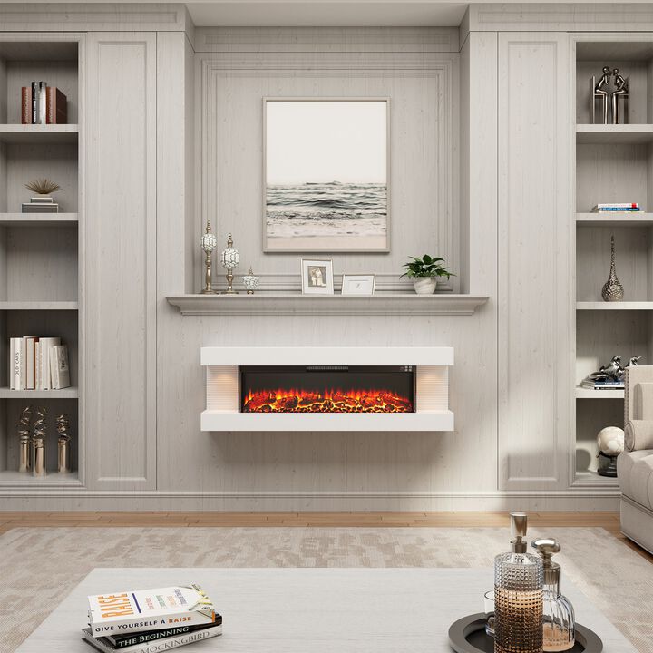 50 in. Wall Mounted Hanging Electric Fireplace with Remote Control in White