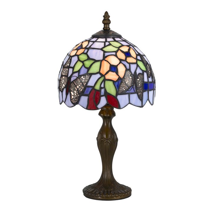 Metal Body Tiffany Table Lamp with Butterfly Design Shade, Multicolor-Benzara