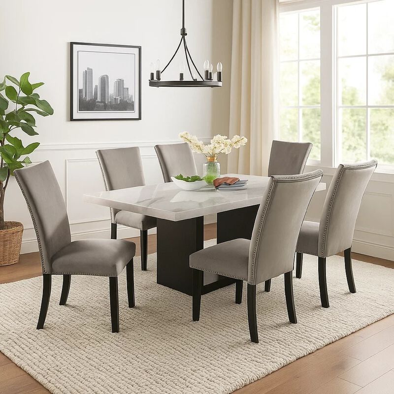 Ronda 7pc Dining Table Set with Marble Top, Fabric Chairs image number 6