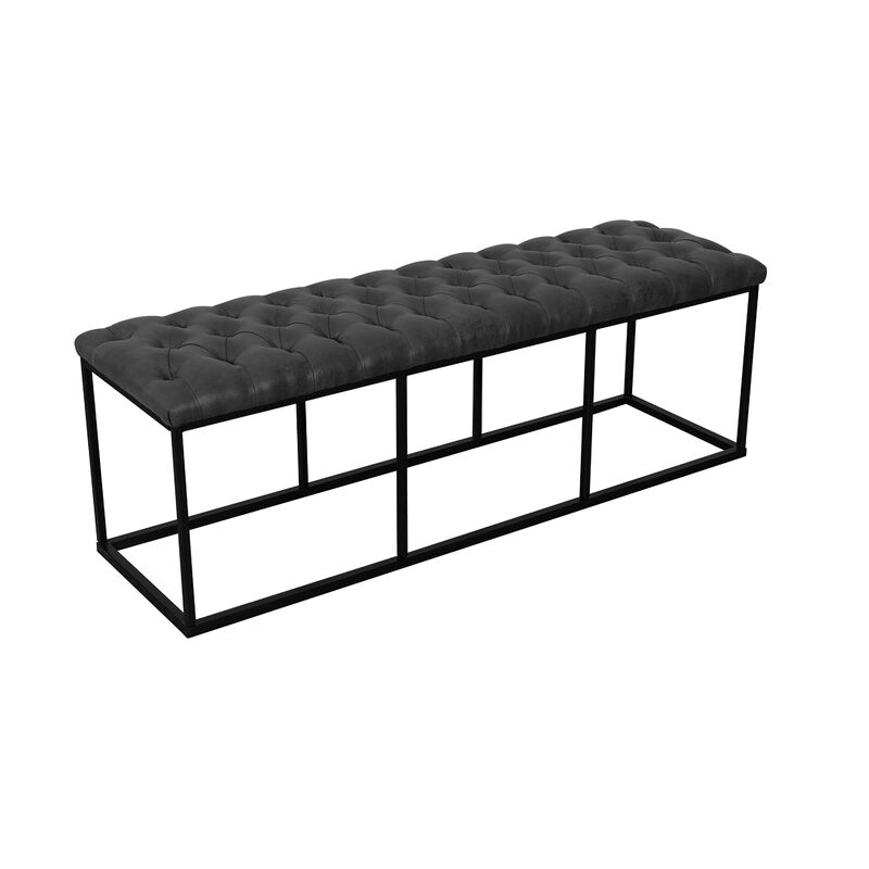 Ali Bench, Open Metal Frame, Gray Tufted Faux Leather 52 Inch - Benzara